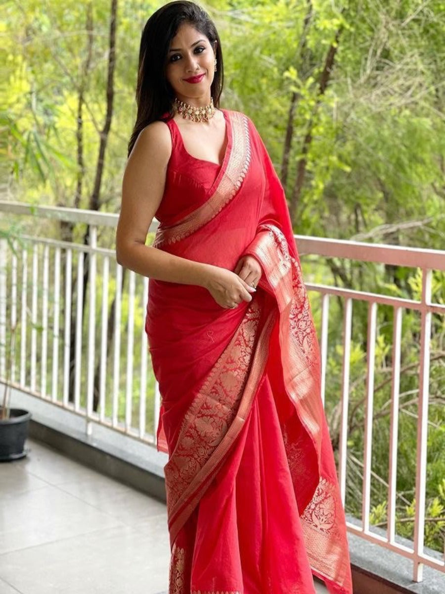 Launching Red Panel Lichi Silk Banarasi Saree.