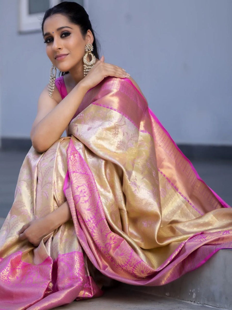 LAUNCHING HANDWOVEN PURE BANARASI SAREE WITH TRUSER WHITE WITH PINK COMBINATIONS WEAVING.