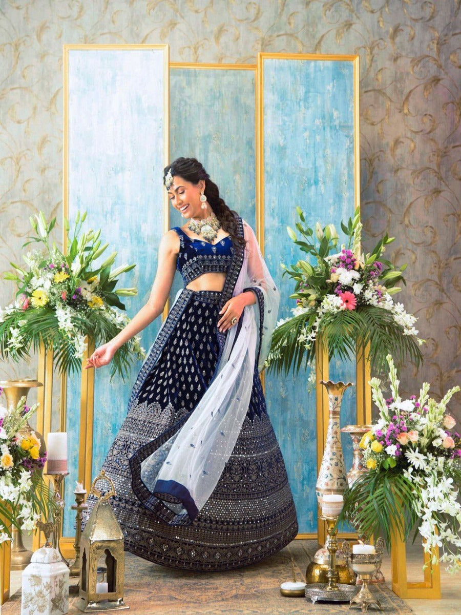 NEW BEUTIQUE STYLE BLUE VELVET SEQUENCE EMBROIDERED WORK LEHENGA CHOLI WITH DUPATTA.