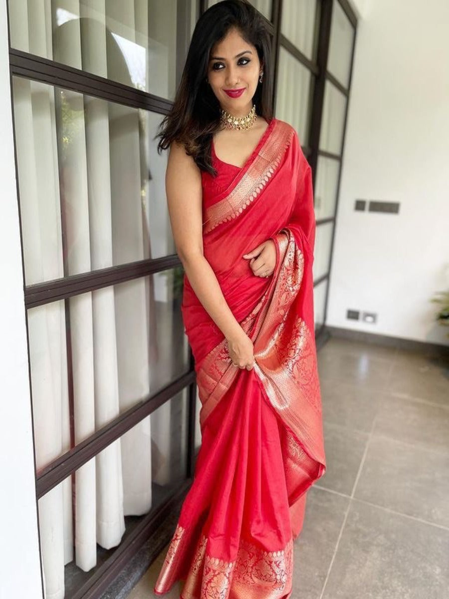 Launching Red Panel Lichi Silk Banarasi Saree.