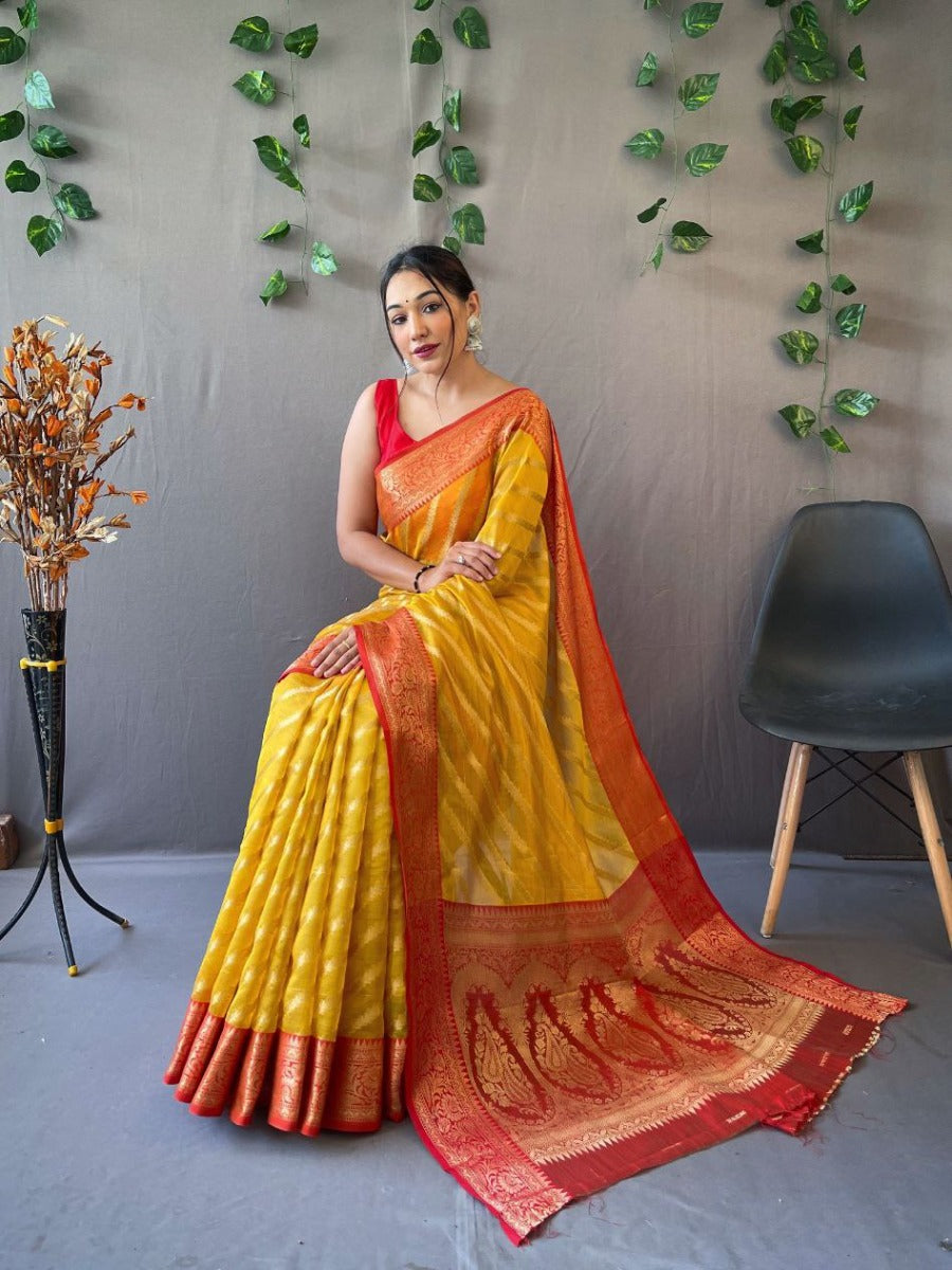 Trending pure organza weaved Leheriya saree with Jacquard border.