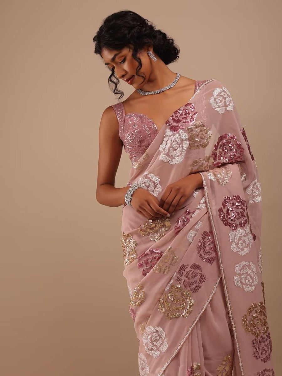 NEW PARTY WEAR GEORGETTE WITH MULTI SEQUANCE EMBROIDERY WORK SAREE.