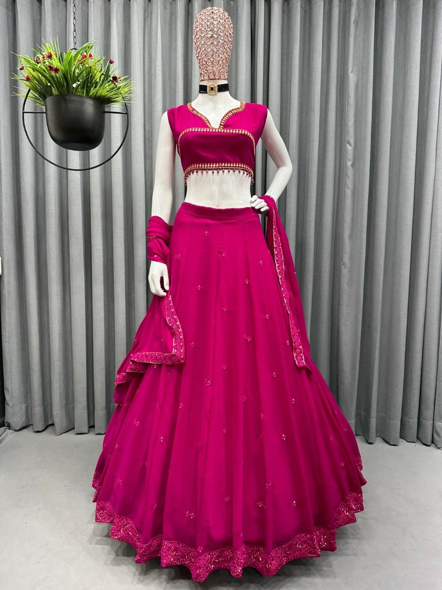 Presenting New Designer Wedding Pink Lehenga -Choli Collaction In Gorgette Embroidery Sequence Work.