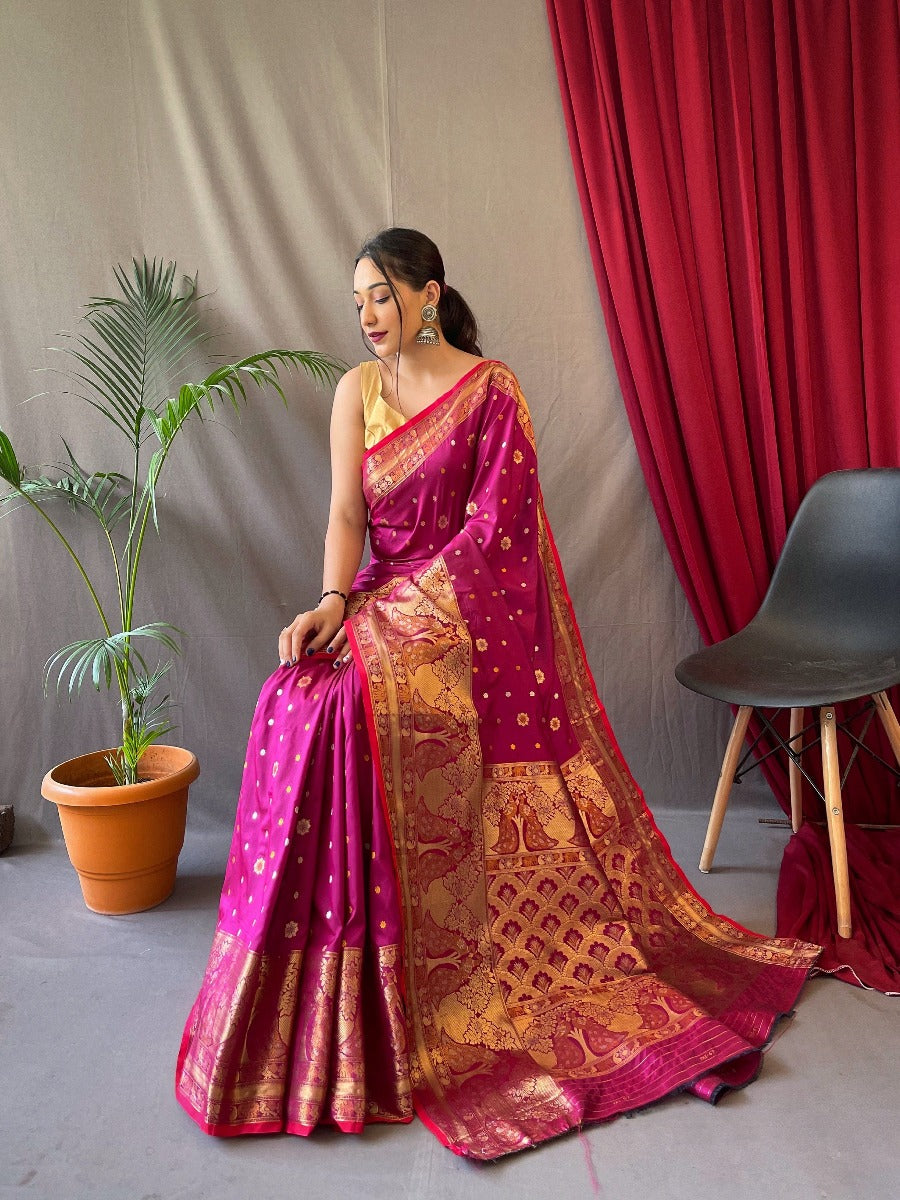 Pure soft silk kanchipuram saree with silver and gold zari weaved.