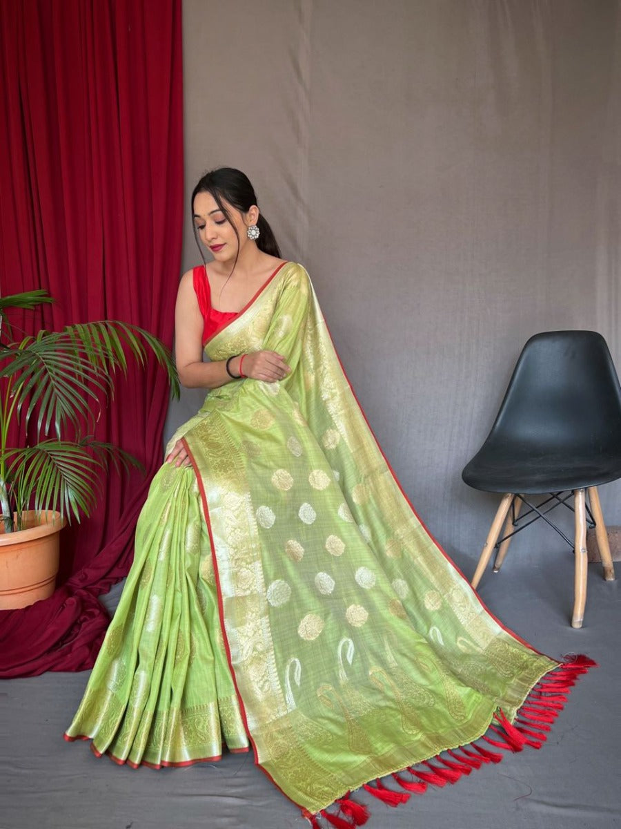 Banarasi Sea Green Woven Design Party Wear Saree In Pure Linen