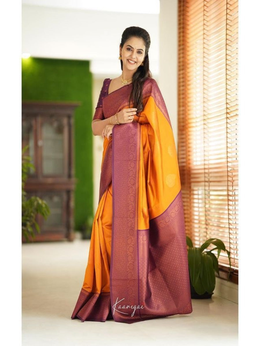 LAUNCHING POOJA AND HALDI SPECIAL LICHI SILK SAREE WITH COPPER WEAVING ALL OVER.