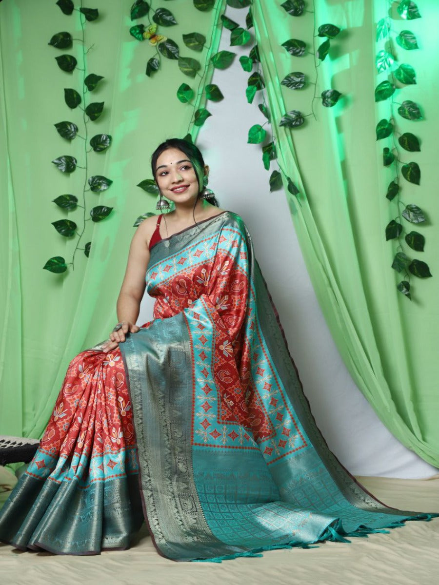 Pure kanchipuram Ikat patola digital printed saree rich pallu and Tassels.