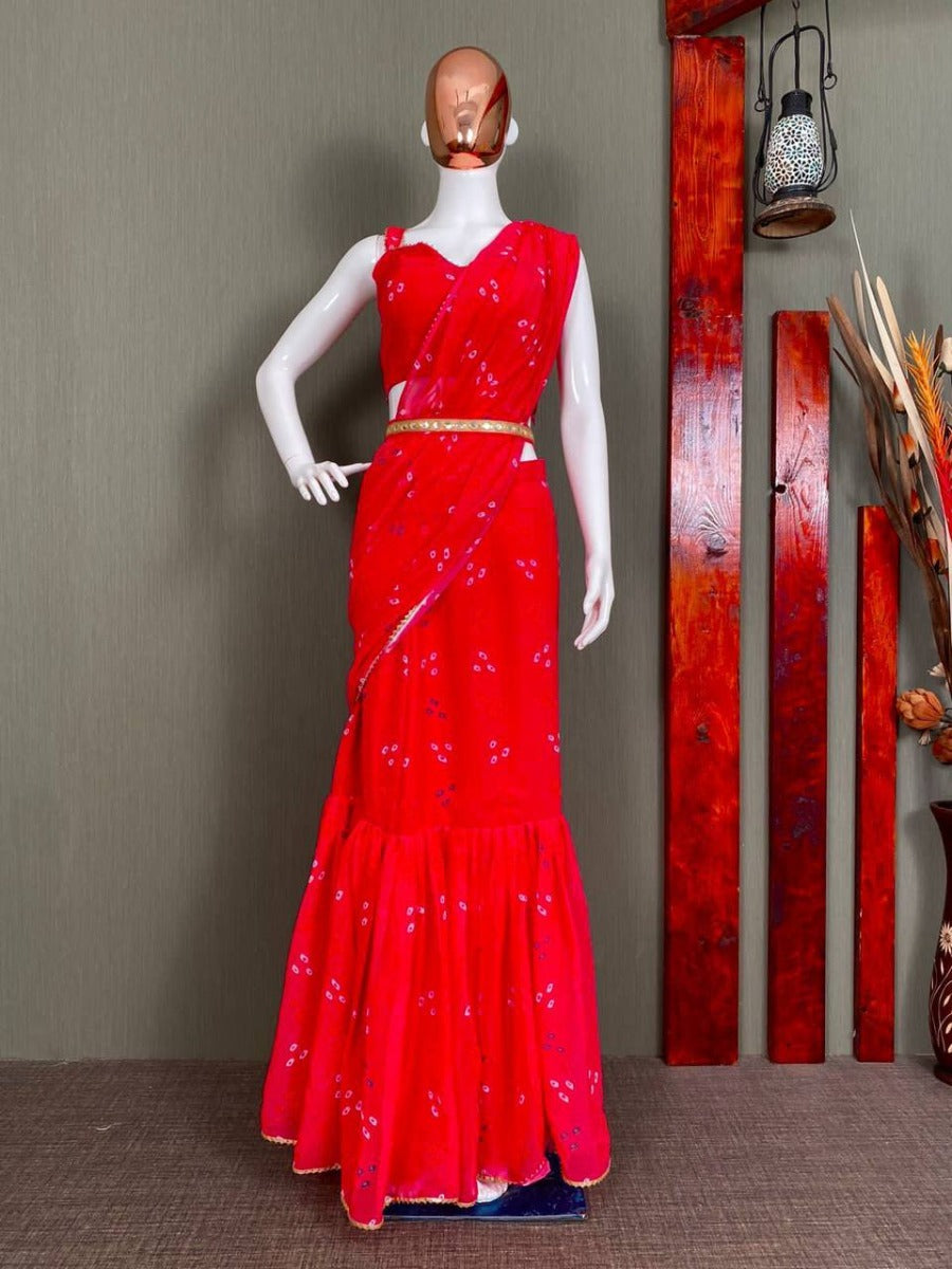 NEW FANCY PARTY WEAR GEORGETTE PRINTED FULLSTITCHED LEHENGA SAREE WITH BLOUSE AND BELT.