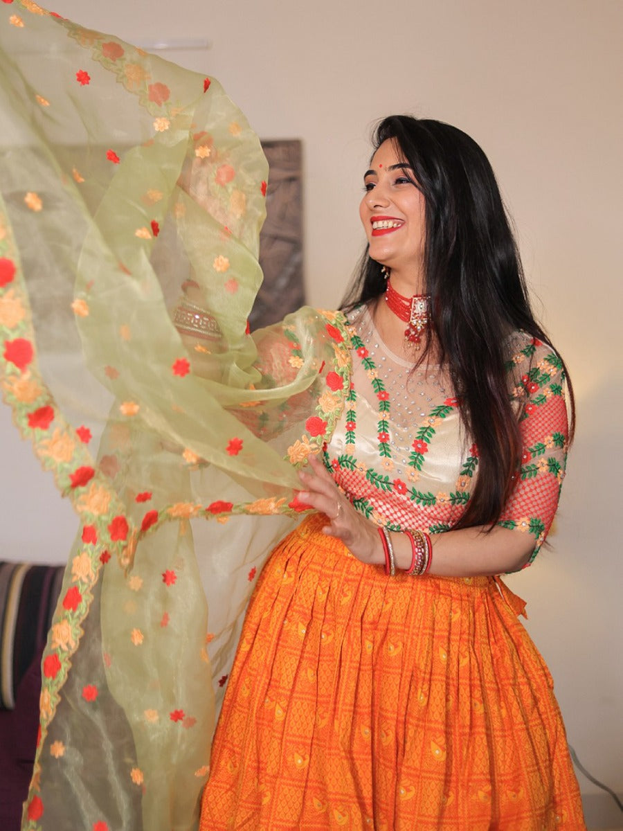 New Designer Wedding Orange Lehenga With Thread Embroidery Work And Handwork Blouse With a Beautiful Organza Dupatta.