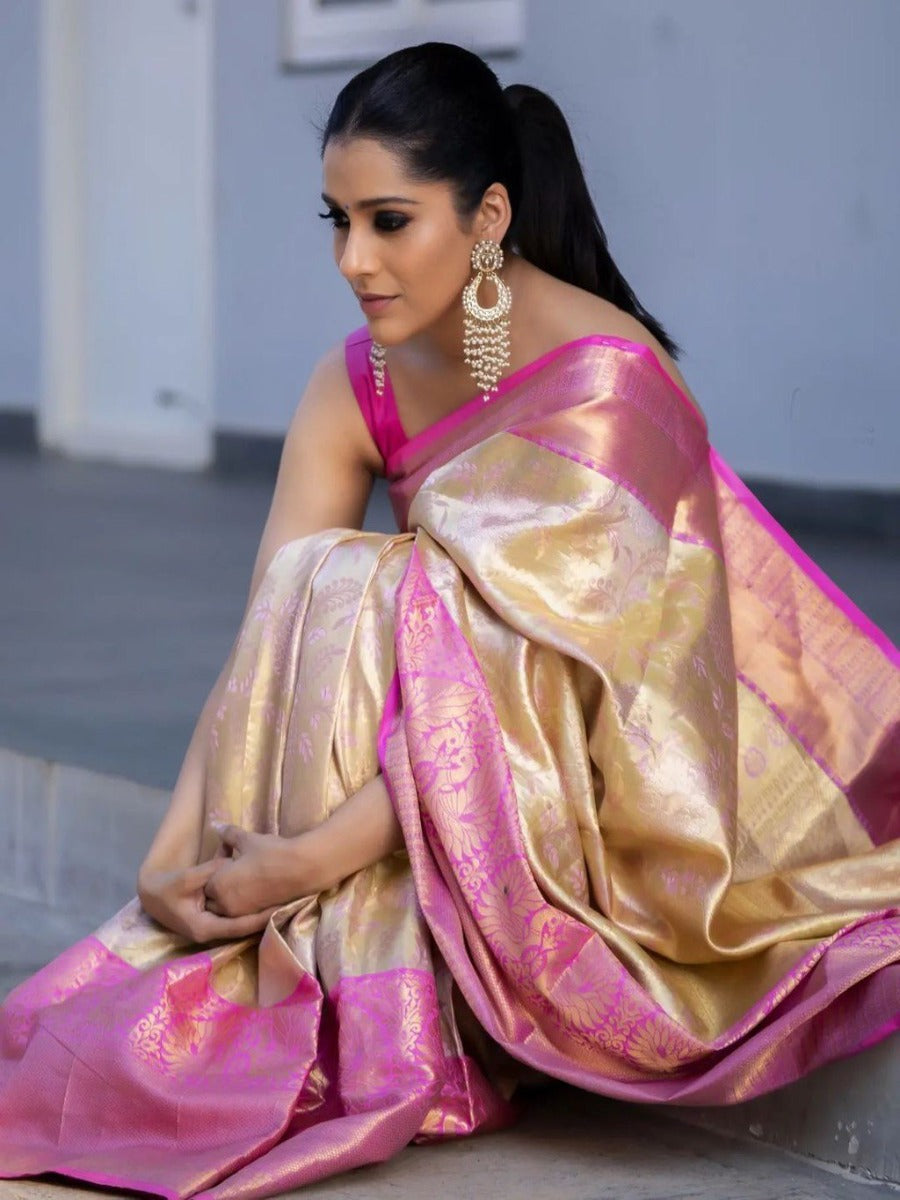 LAUNCHING HANDWOVEN PURE BANARASI SAREE WITH TRUSER WHITE WITH PINK COMBINATIONS WEAVING.