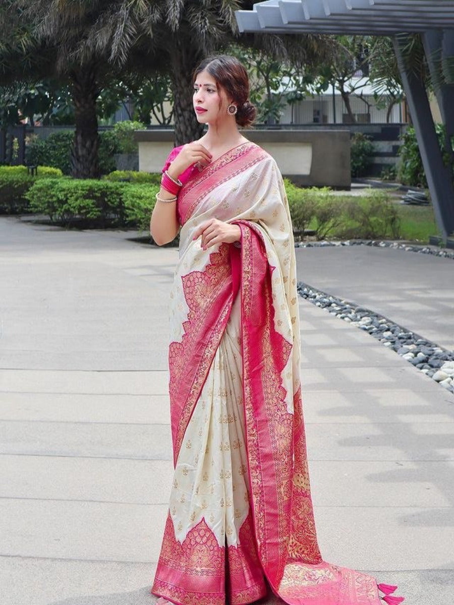 SPECIAL TRUSER WITH RANI COMBINATION PANEL FIGURES LICHI SILK BANARASI SAREE.