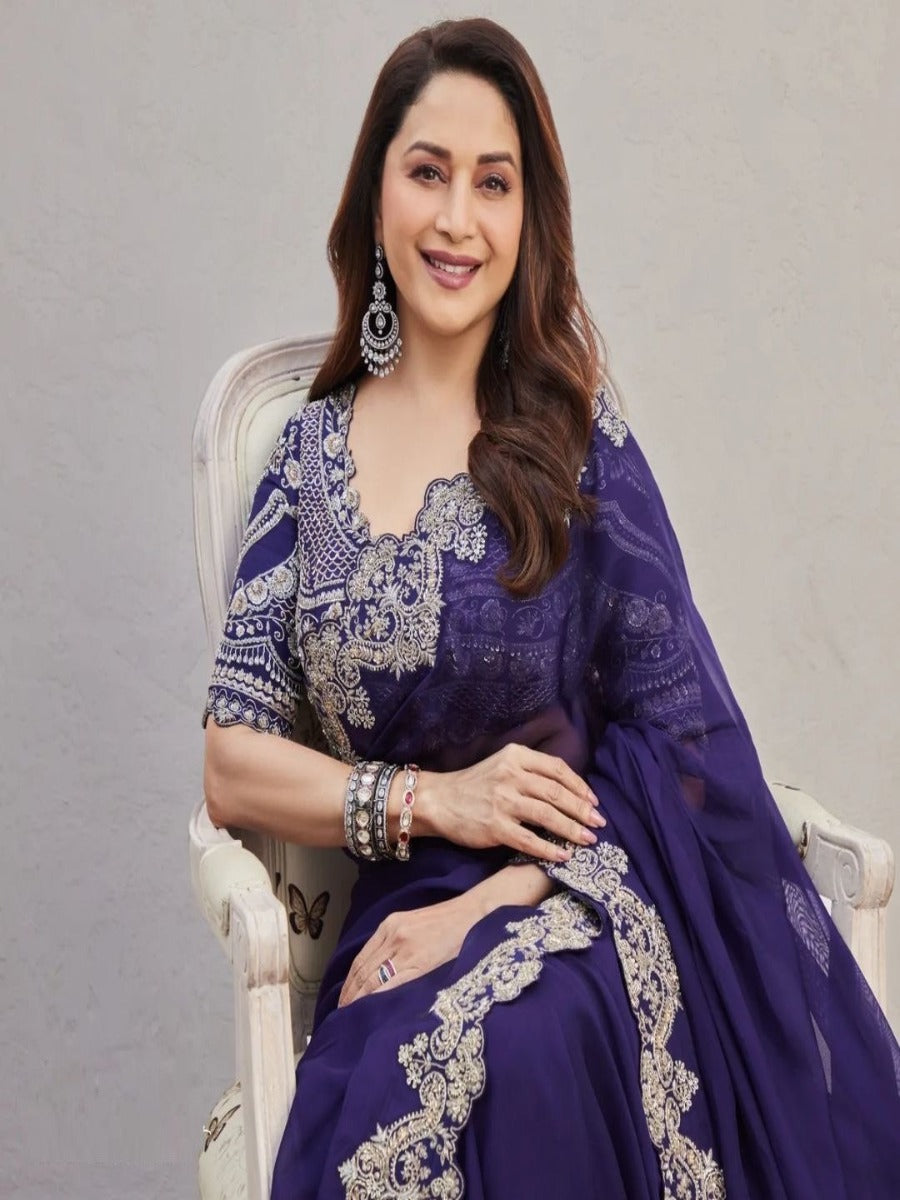 BOLLYWOOD DESIGNER PARTY WEAR CORDING SEQUENCE CUT WORK SAREE WITH WORK BLOUSE LAUNCHED WEAR BY MADHURI DIXIT