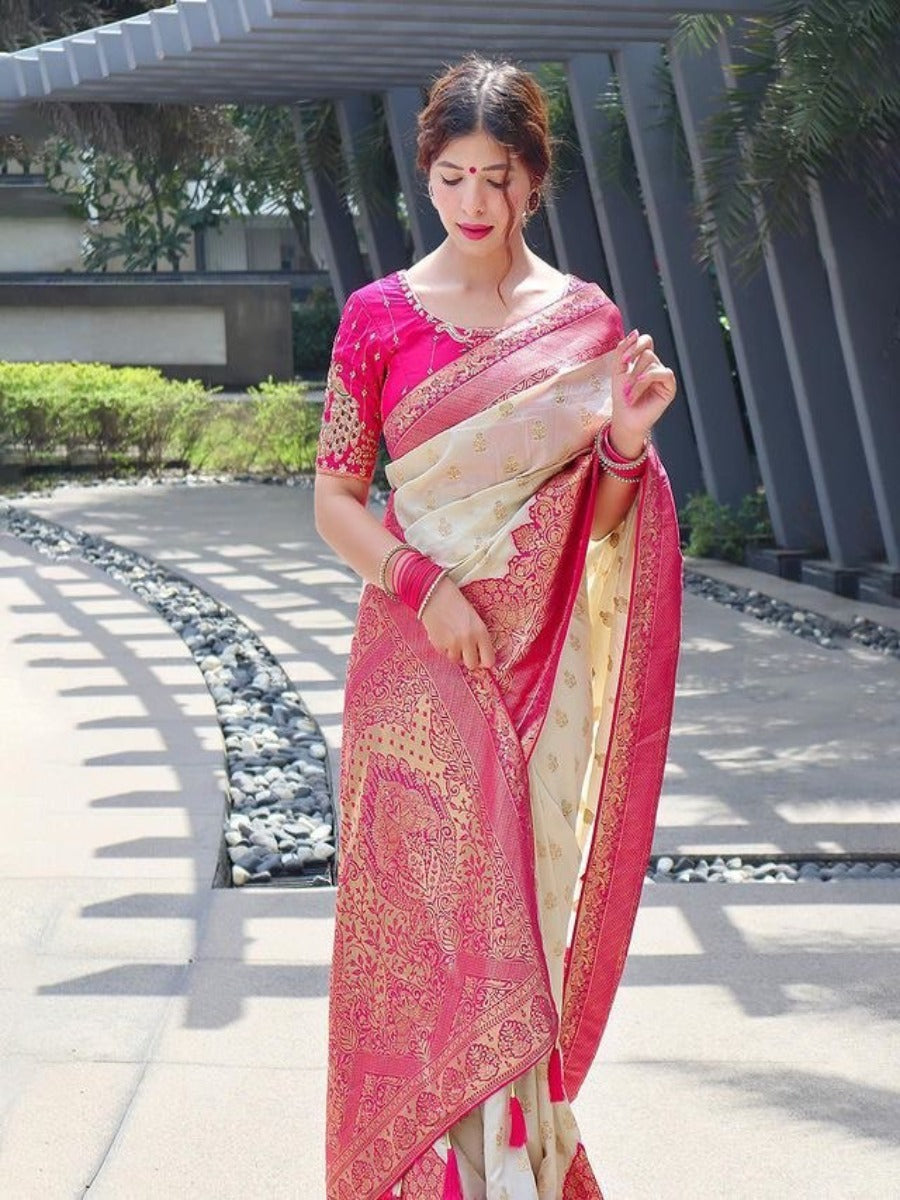 SPECIAL TRUSER WITH RANI COMBINATION PANEL FIGURES LICHI SILK BANARASI SAREE.