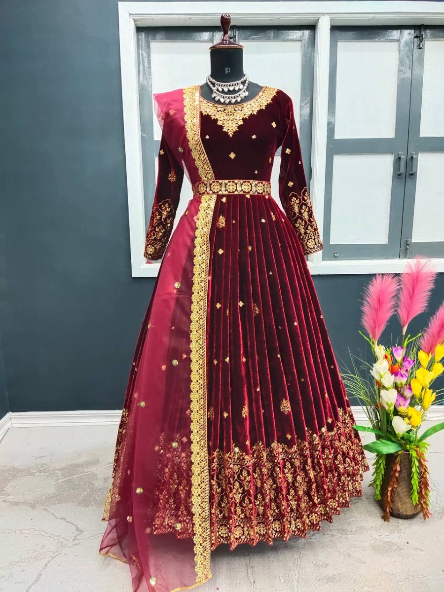 Launching New Designer Wedding Wear Look Velvet Gown & Dupatta Set.