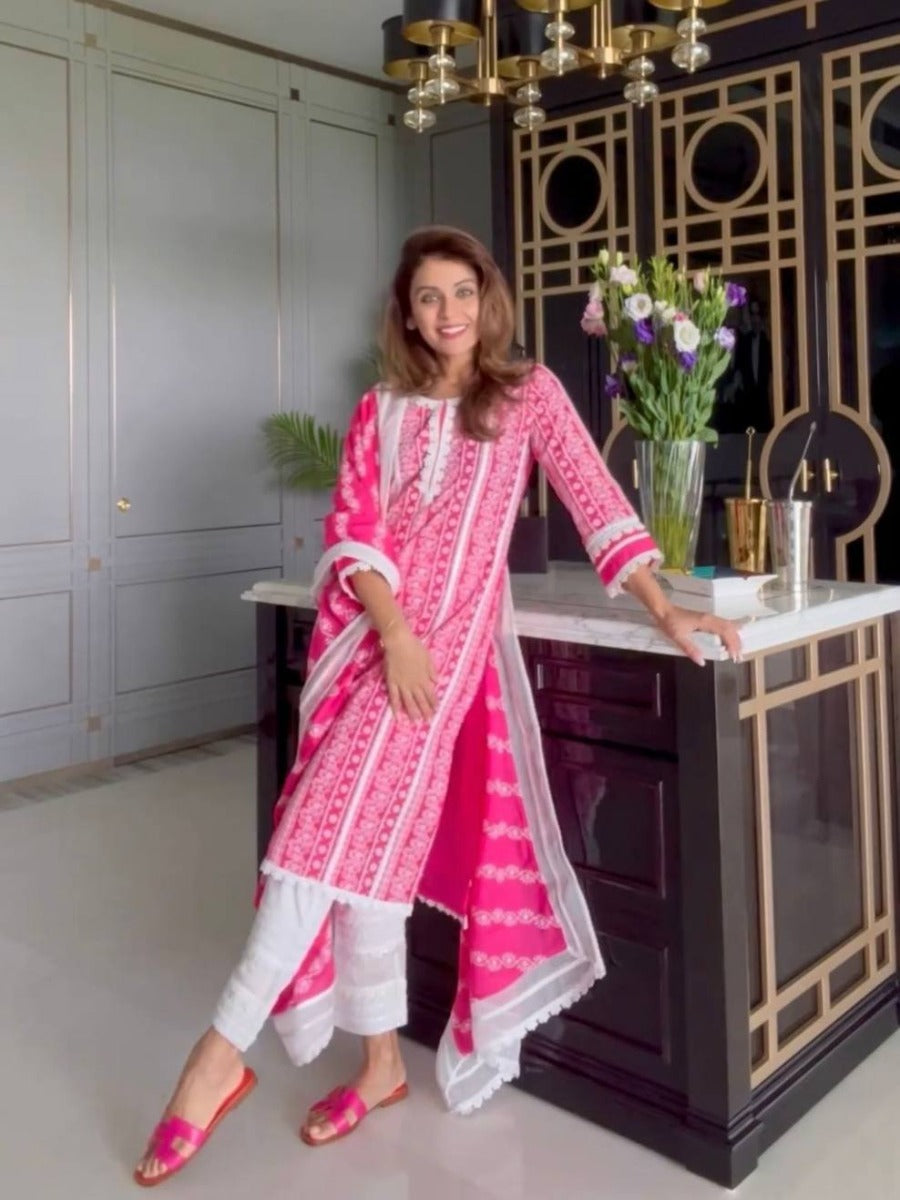 NEW DESIGNER HEAVY COTTON THREAD WORK SUIT WITH PANT AND DUPATTA.