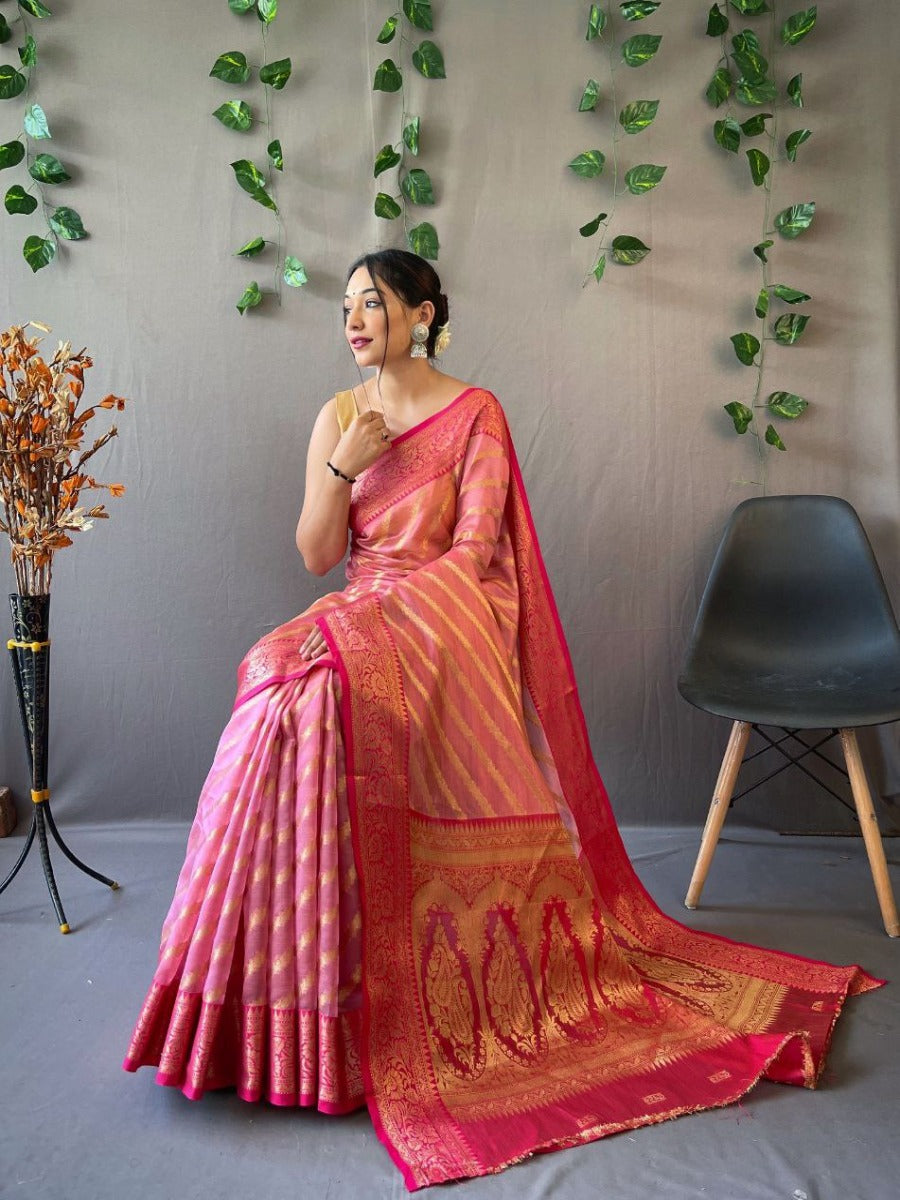 Trending pure organza weaved Leheriya saree with Jacquard border.