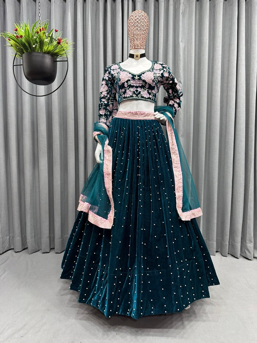 Presenting New Designer Velvet Embroidery Sequnce With Rivet Moti Work Lehenga - Choli Collaction.