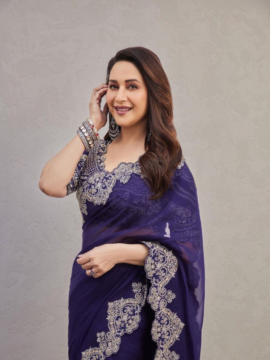 BOLLYWOOD DESIGNER PARTY WEAR CORDING SEQUENCE CUT WORK SAREE WITH WORK BLOUSE LAUNCHED WEAR BY MADHURI DIXIT