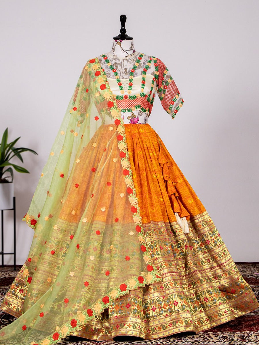 New Designer Wedding Orange Lehenga With Thread Embroidery Work And Handwork Blouse With a Beautiful Organza Dupatta.