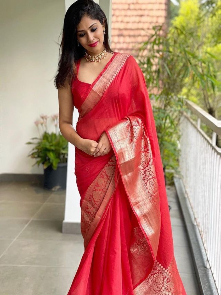 Launching Red Panel Lichi Silk Banarasi Saree.