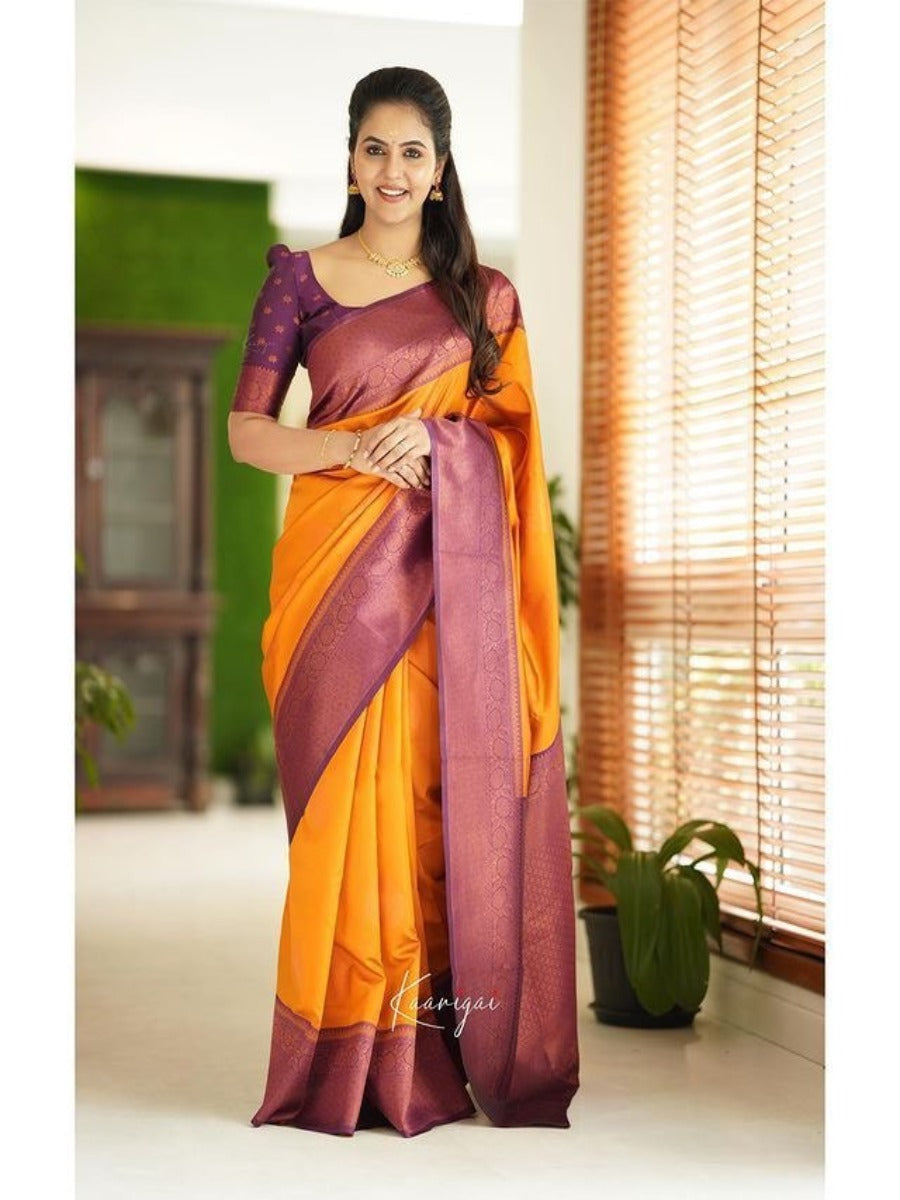 LAUNCHING POOJA AND HALDI SPECIAL LICHI SILK SAREE WITH COPPER WEAVING ALL OVER.