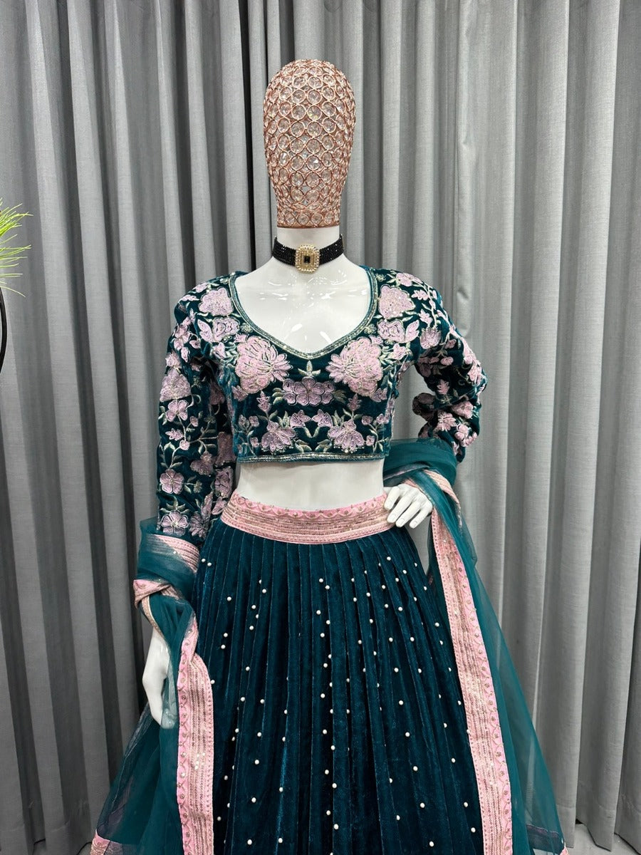 Presenting New Designer Velvet Embroidery Sequnce With Rivet Moti Work Lehenga - Choli Collaction.