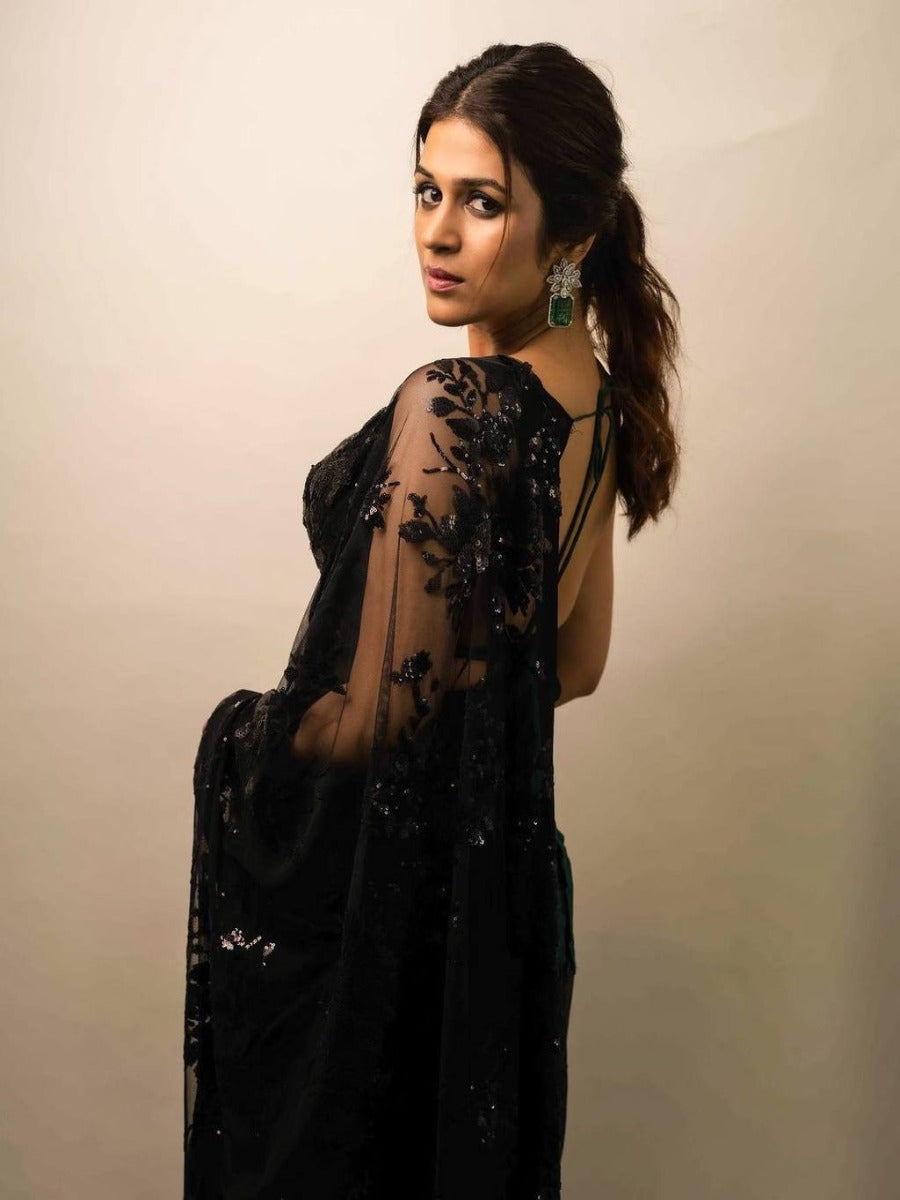 NEW PARTY WEAR BLACK GEORGETTE WITH SEQUANCE EMBROIDERY WORK SAREE WITH WORK BLOUSE.