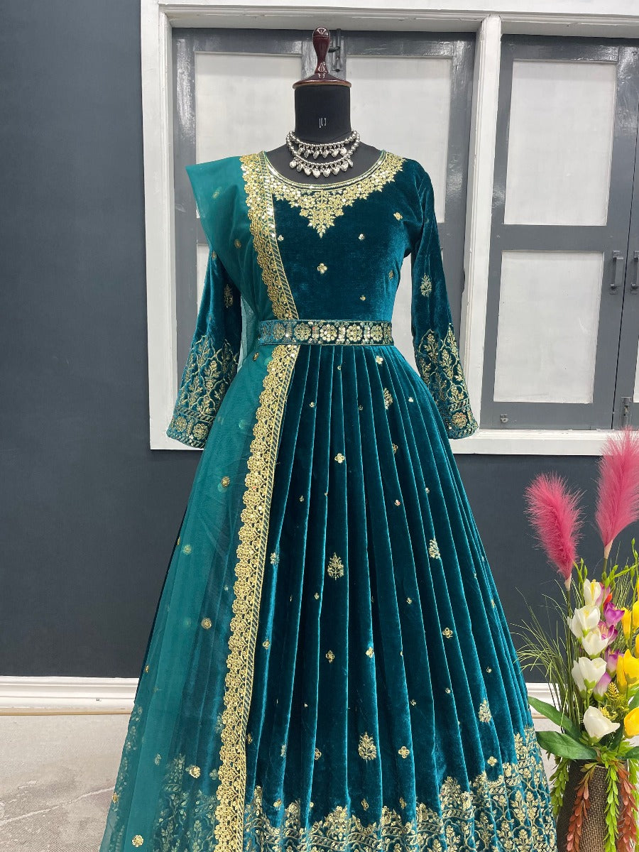 Launching New Designer Wedding Wear Look Velvet Gown & Dupatta Set.