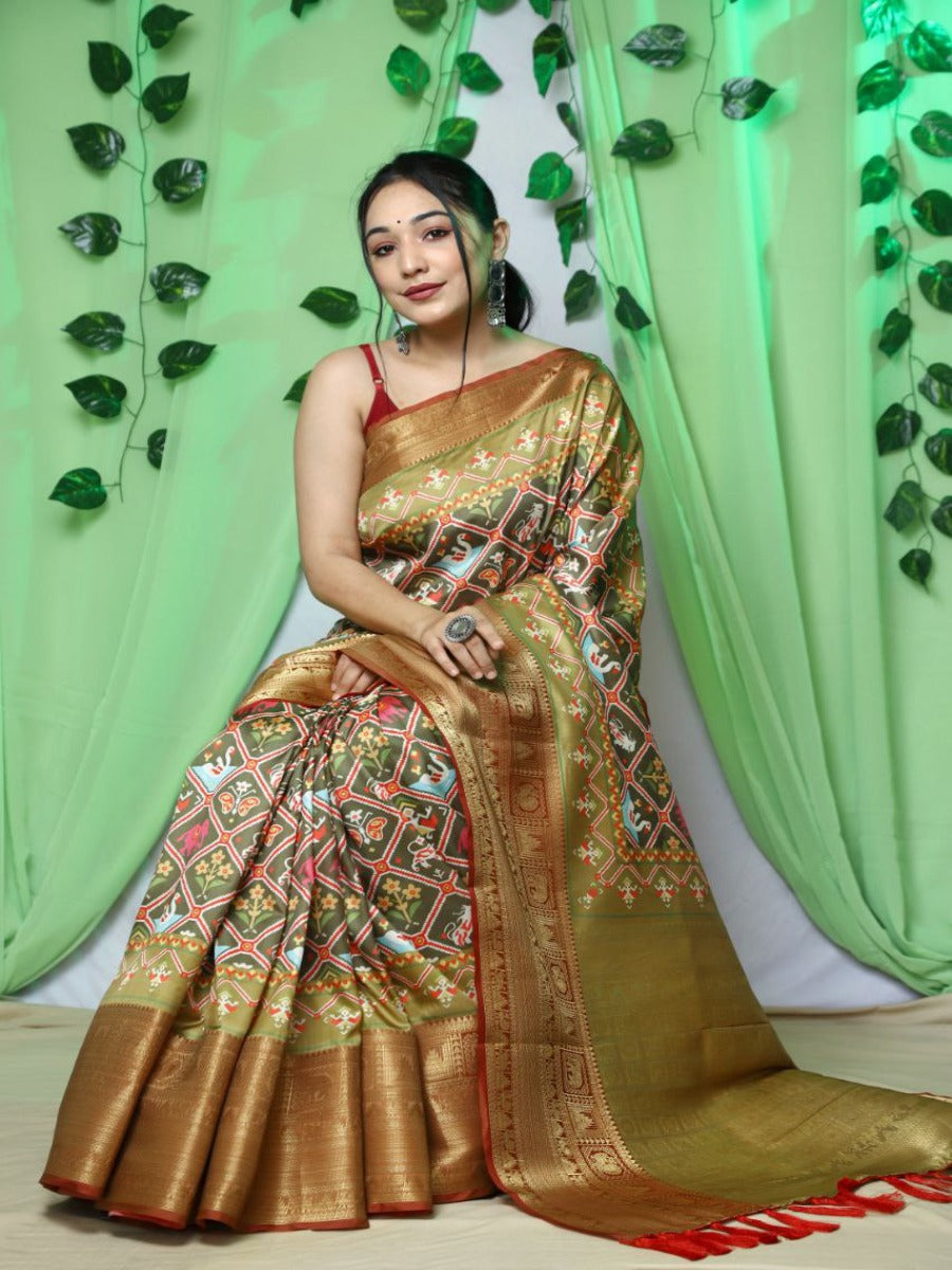 Pure kanchipuram Ikat patola digital printed saree rich pallu and Tassels.