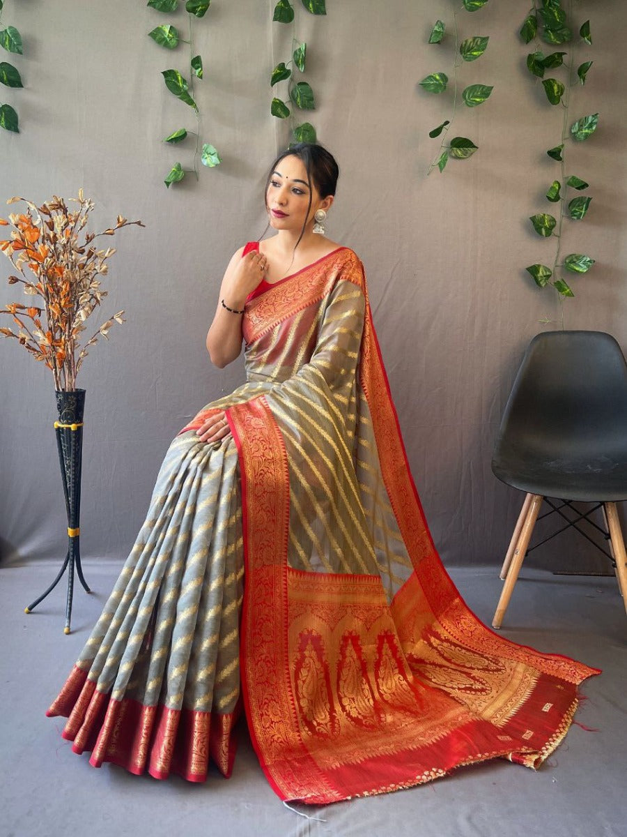 Trending pure organza weaved Leheriya saree with Jacquard border.