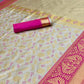 LAUNCHING HANDWOVEN PURE BANARASI SAREE WITH TRUSER WHITE WITH PINK COMBINATIONS WEAVING.