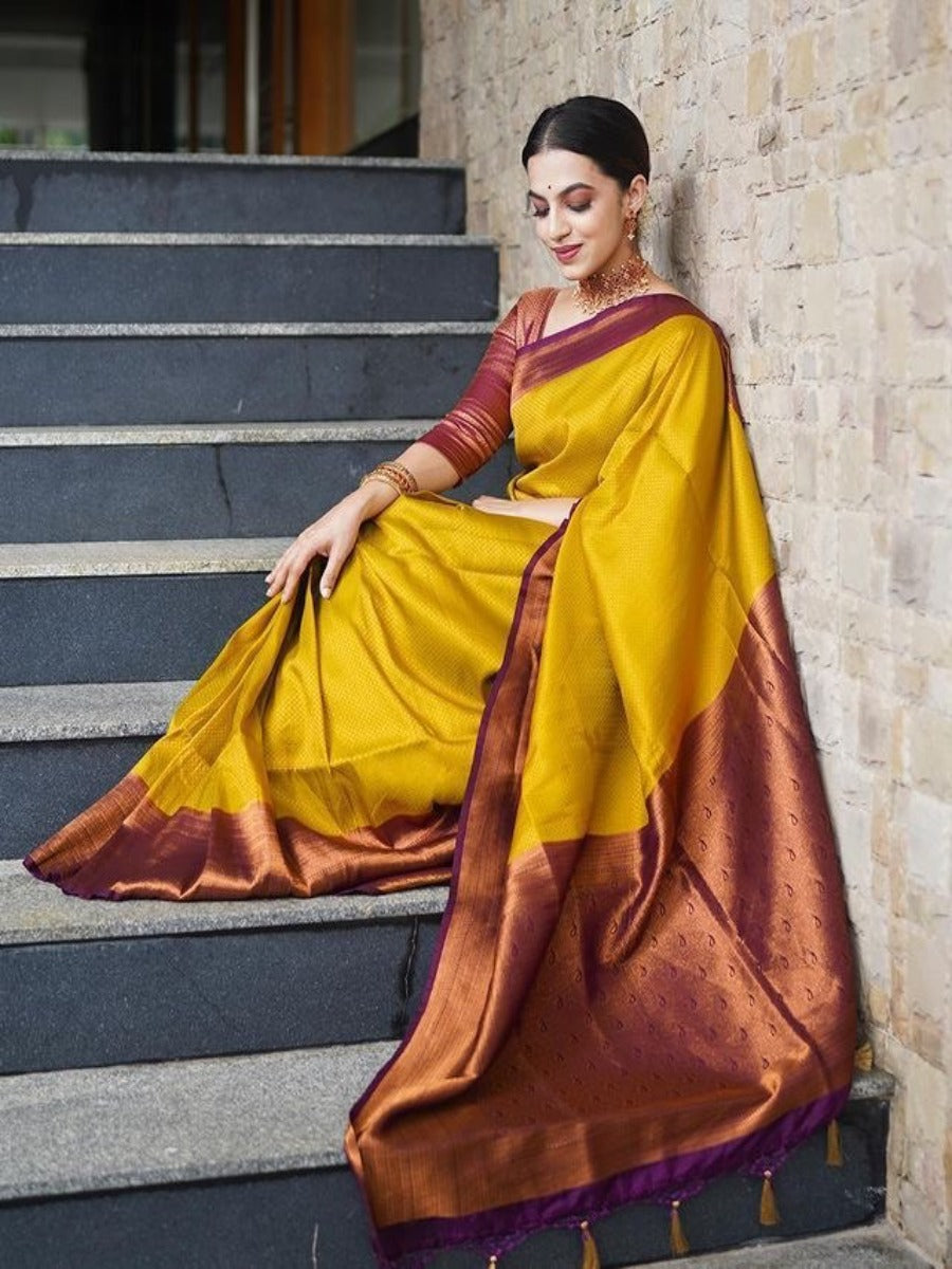 PRESERNTING LICHI SILK BANARASI SAREE IN GOLD WITH WINE SUPER RICH BELT WEAVING.