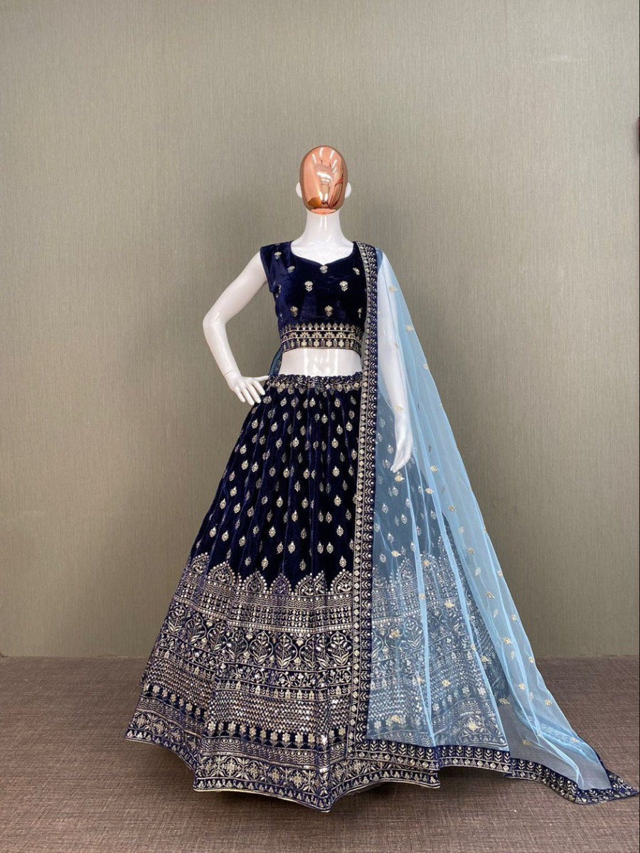 NEW BEUTIQUE STYLE BLUE VELVET SEQUENCE EMBROIDERED WORK LEHENGA CHOLI WITH DUPATTA.