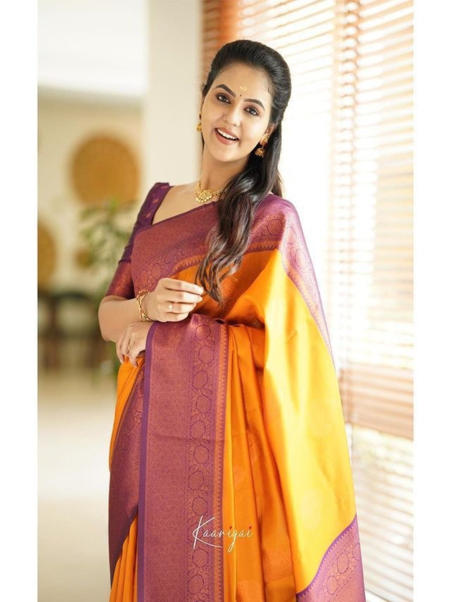 LAUNCHING POOJA AND HALDI SPECIAL LICHI SILK SAREE WITH COPPER WEAVING ALL OVER.