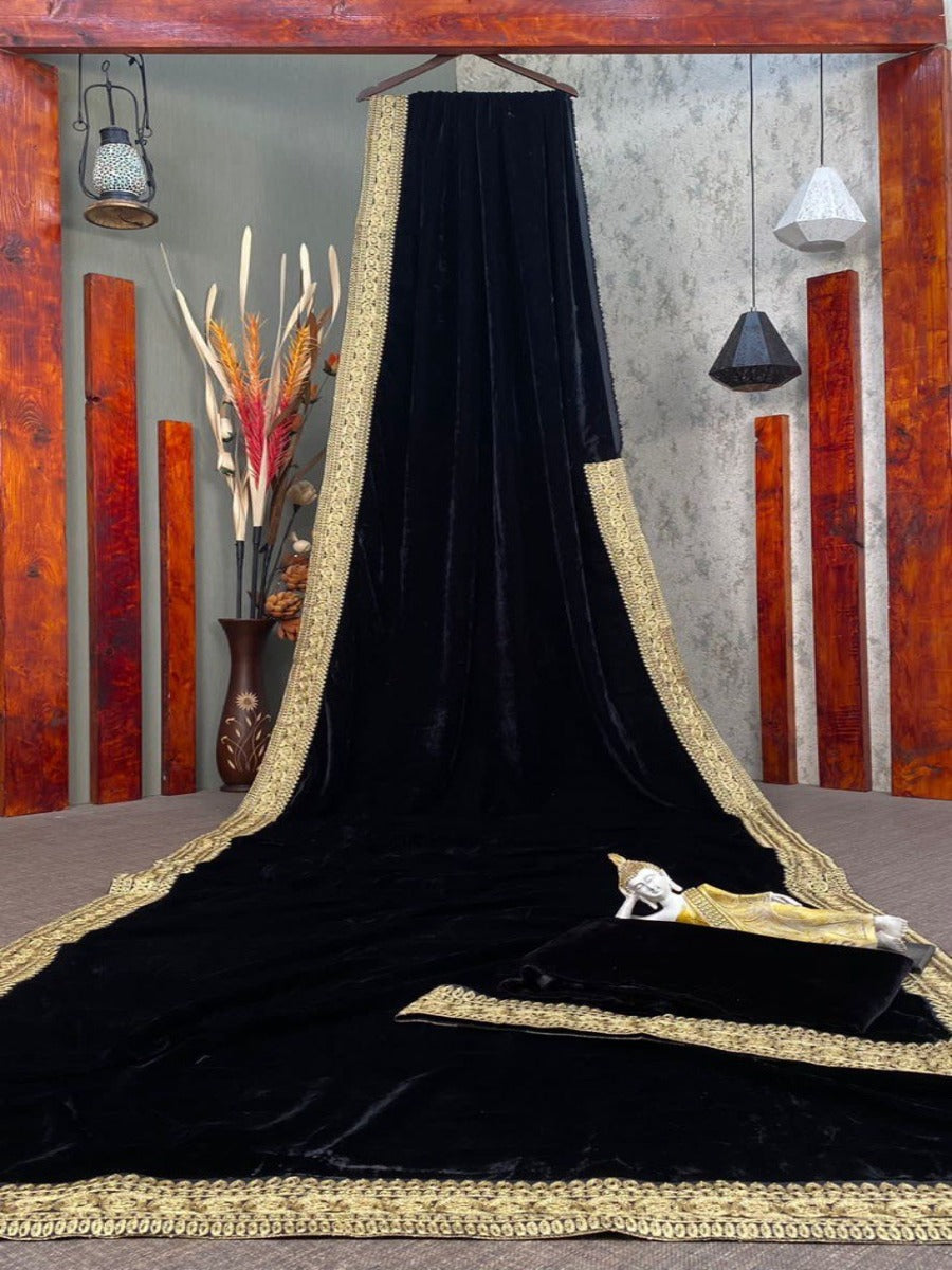 NEW DESIGNER PARTY WEAR BLACK VELVET SAREE WITH EMBROIDERED LACE WORK WITH BLOUSE.