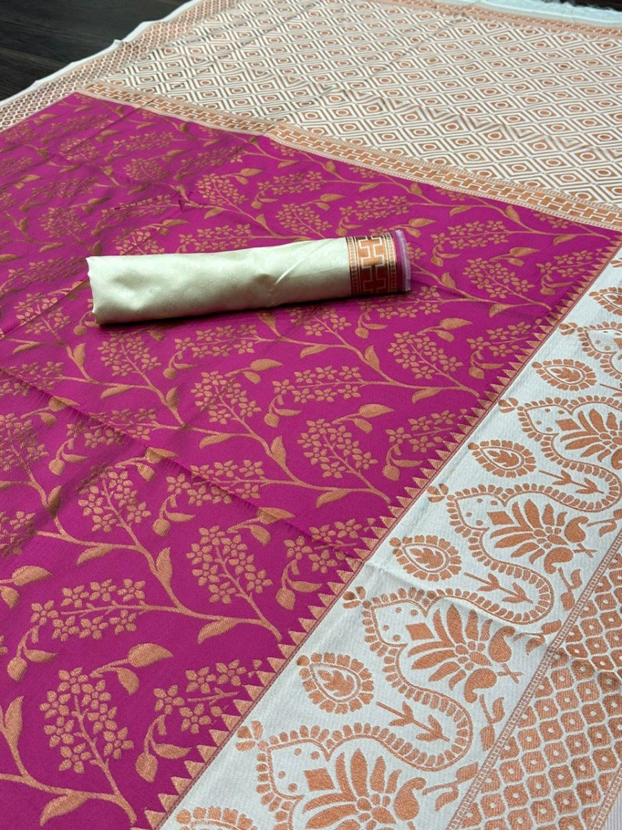 LAUNCHING COPPER KING FLOWER WEAVING LICHI SILK BANARASI SAREE.