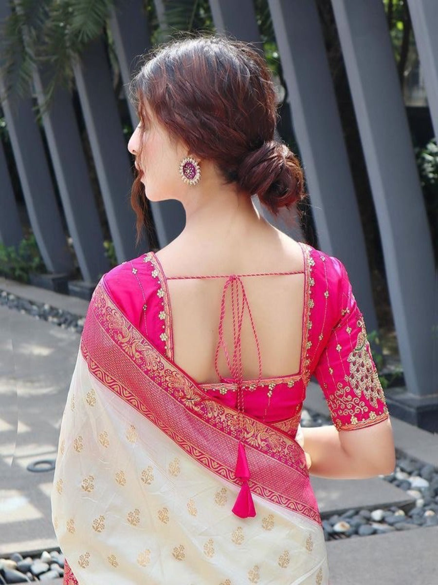 SPECIAL TRUSER WITH RANI COMBINATION PANEL FIGURES LICHI SILK BANARASI SAREE.