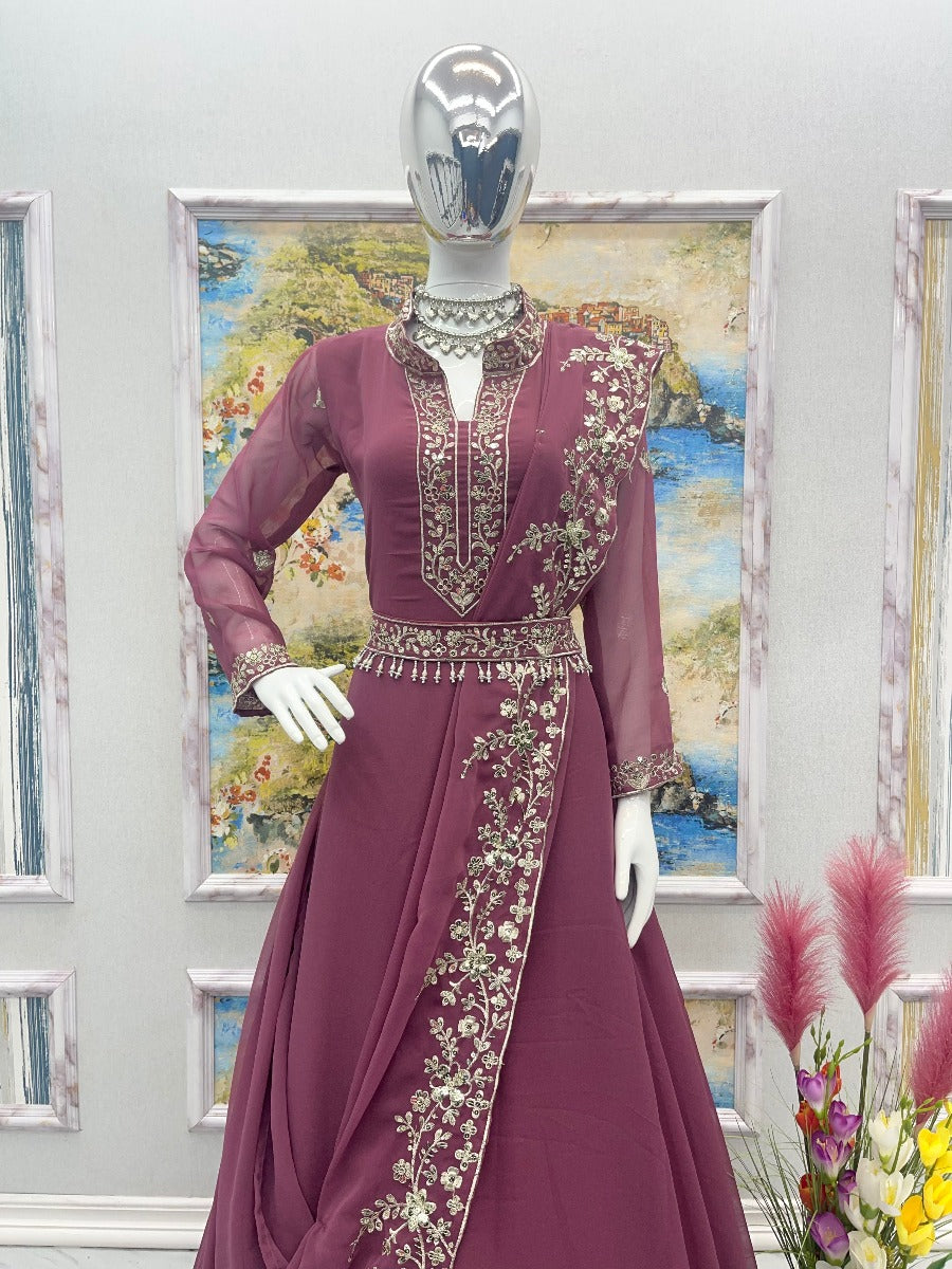 Hand Embroidered Georgette Shimmer Gown with Attached Dupatta in Beige :  TMB58