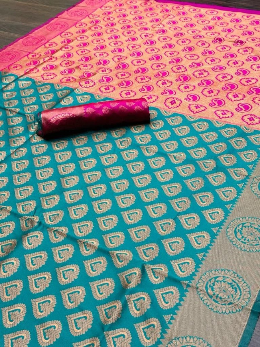 Presenting Lichi Silk Banarasi Saree With Copper Weaving.