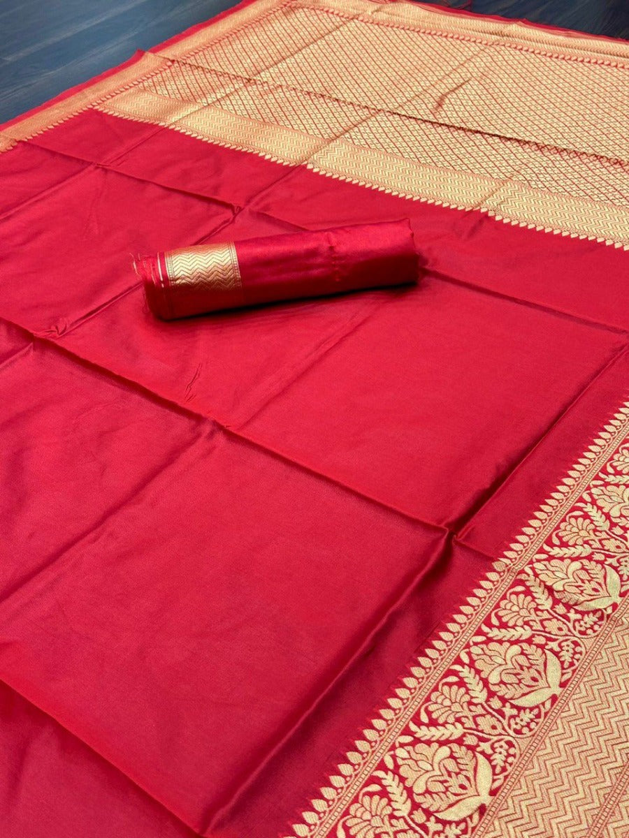 Launching Red Panel Lichi Silk Banarasi Saree.