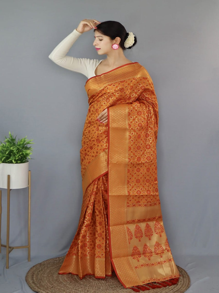 PURE PATOLA SILK SAREE WITH ALL OVER CONTRAST PATOLA WEAVED.