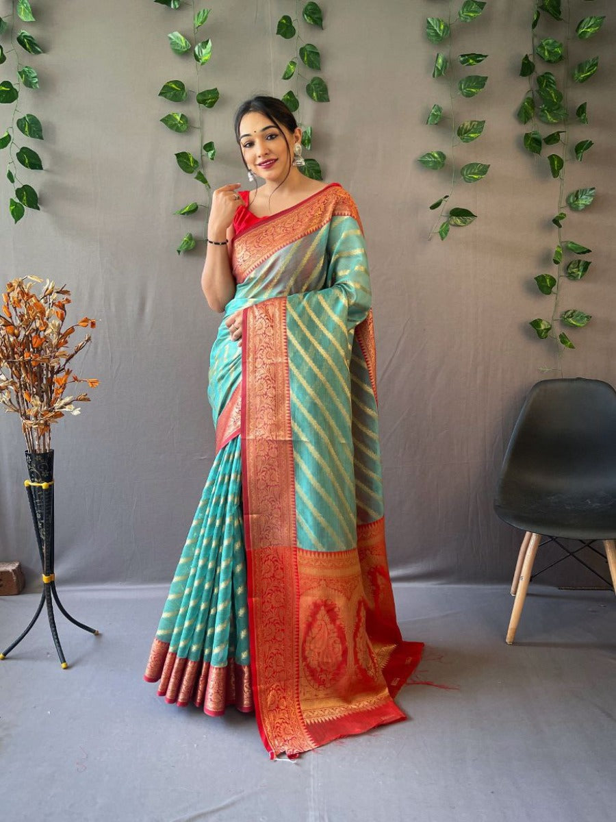 Trending pure organza weaved Leheriya saree with Jacquard border.