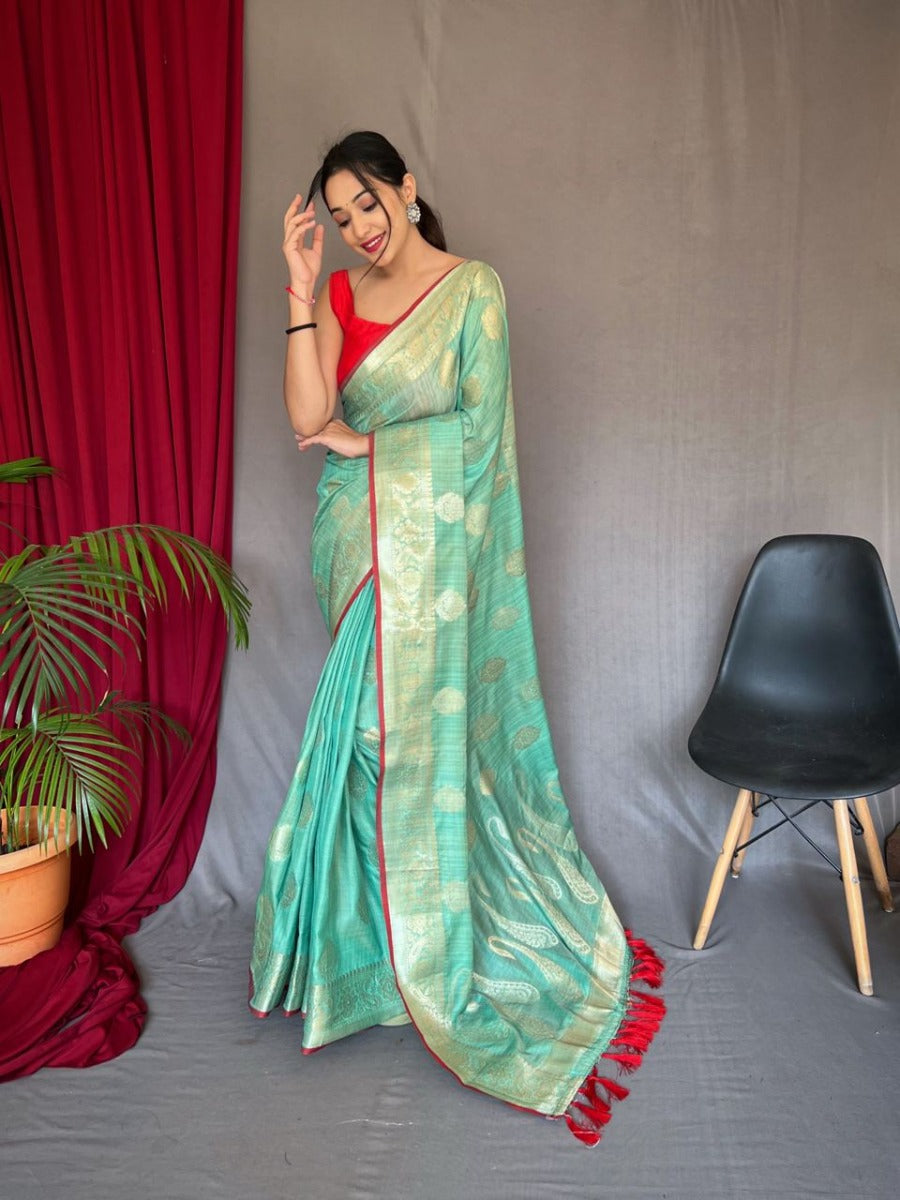 Banarasi Sea Green Woven Design Party Wear Saree In Pure Linen