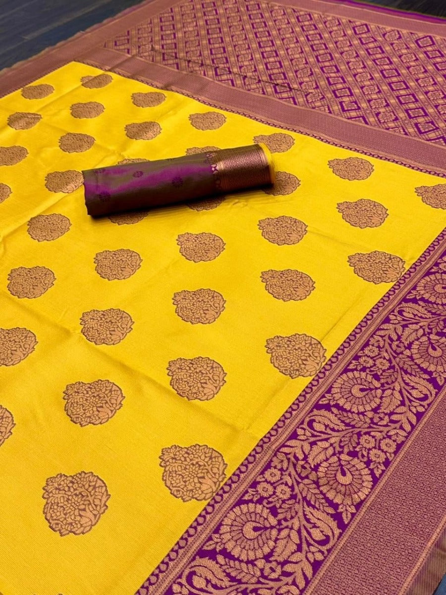 LAUNCHING POOJA AND HALDI SPECIAL LICHI SILK SAREE WITH COPPER WEAVING ALL OVER.