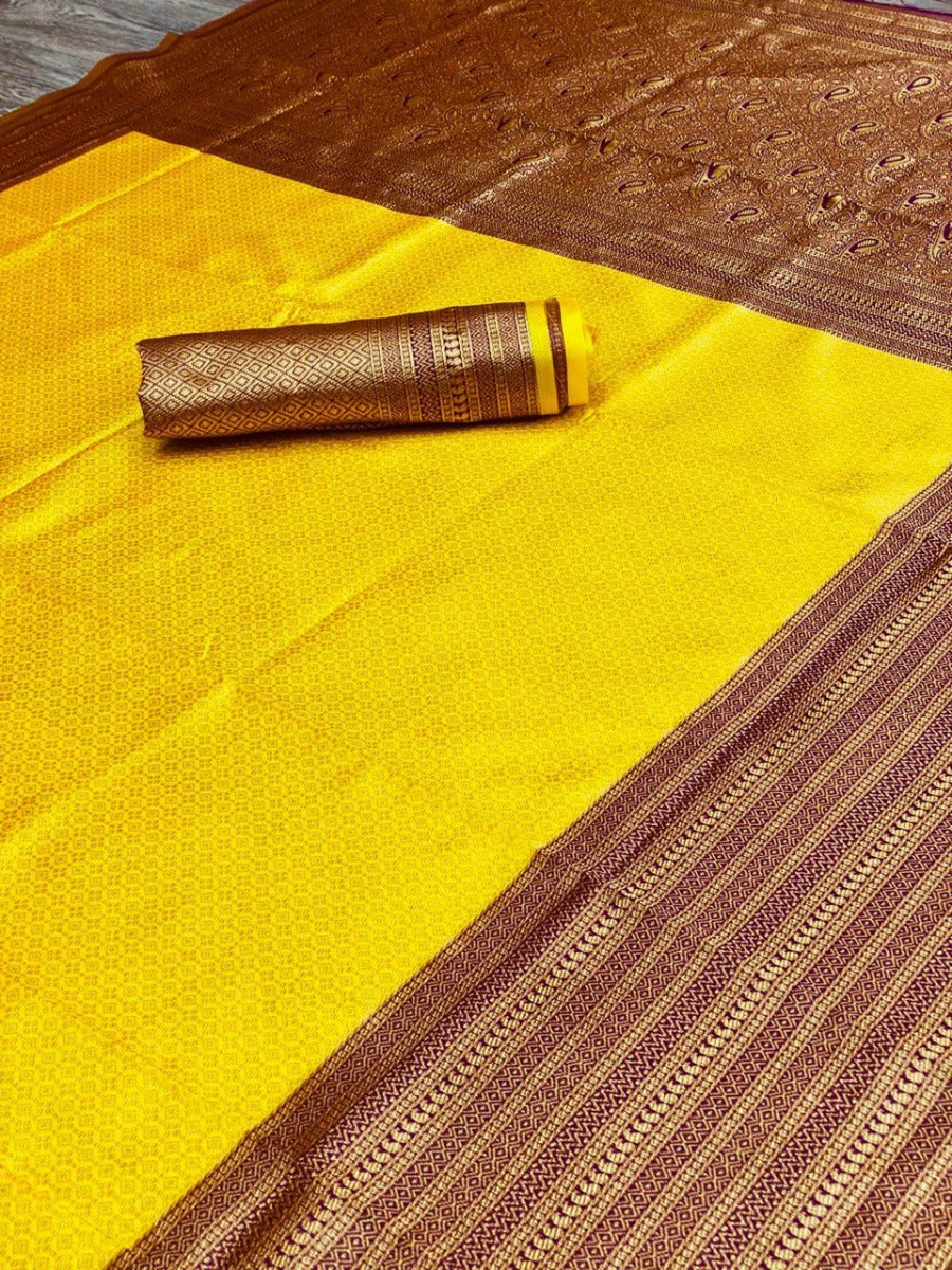 PRESERNTING LICHI SILK BANARASI SAREE IN GOLD WITH WINE SUPER RICH BELT WEAVING.