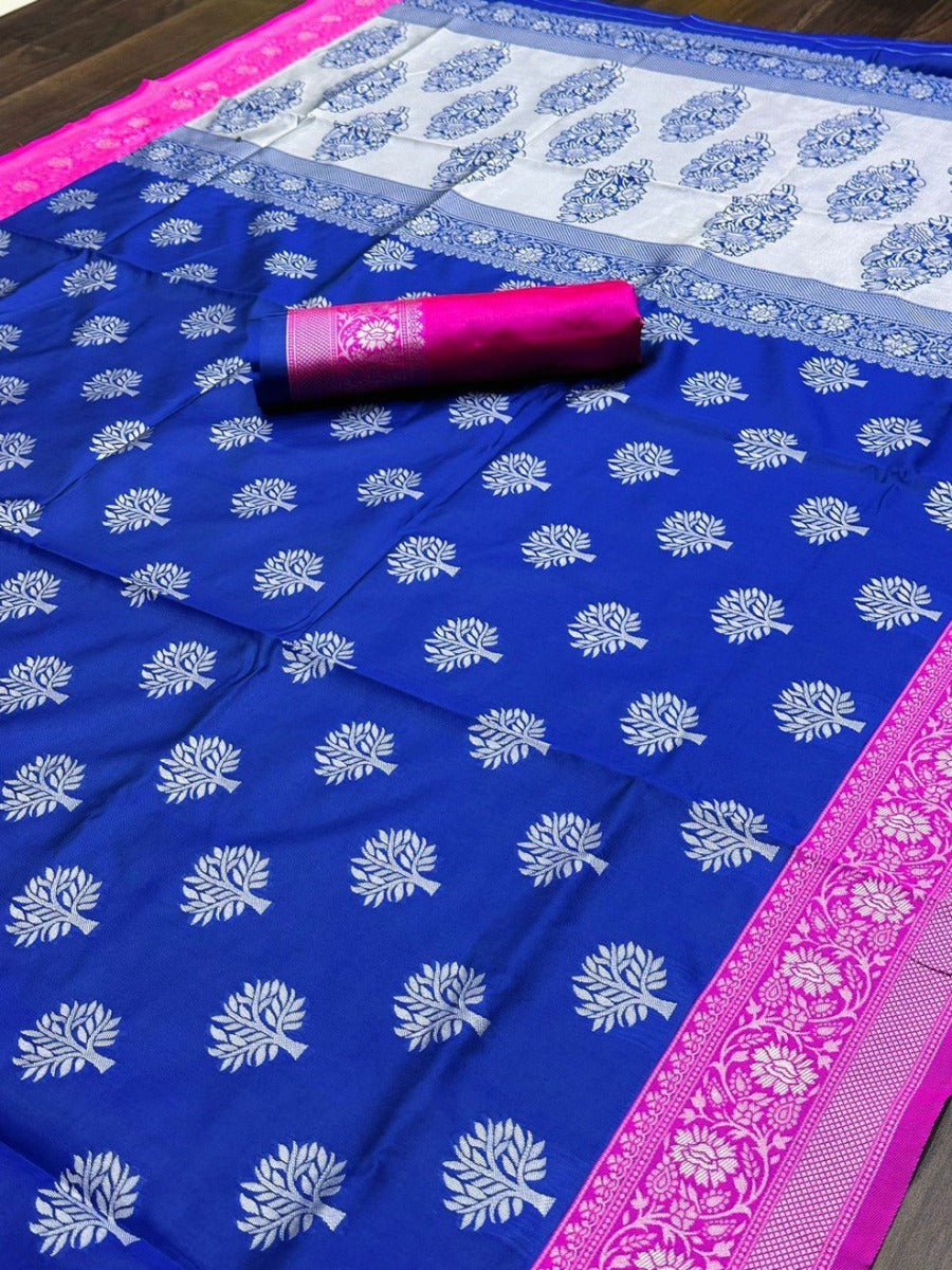 SPECIAL LICHI SILK SILVER WEAVING ALL OVER SAREE WITH RICH ROYAL BLUE COLOR BANARASI SAREE.