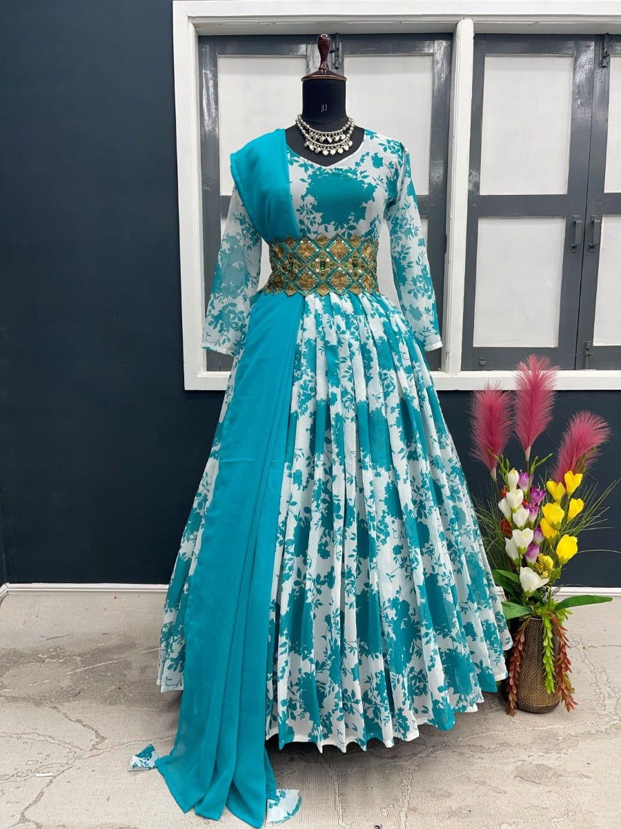 Buy New Beautiful Pure Rayon Fabric Single Gown with Dupatta Set for Ladies  and Women. (M) Blue at Amazon.in