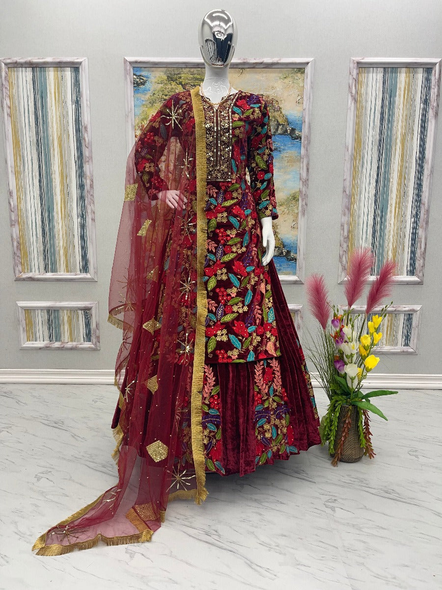 Launching New Designer Wedding Wear Look Velvet Top-Lehenga & Dupatta Set.