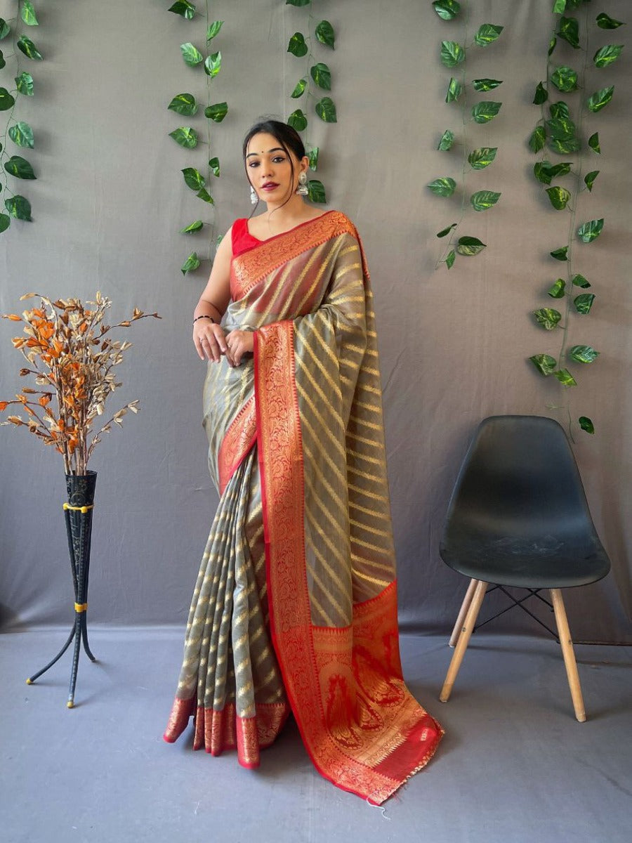 Trending pure organza weaved Leheriya saree with Jacquard border.