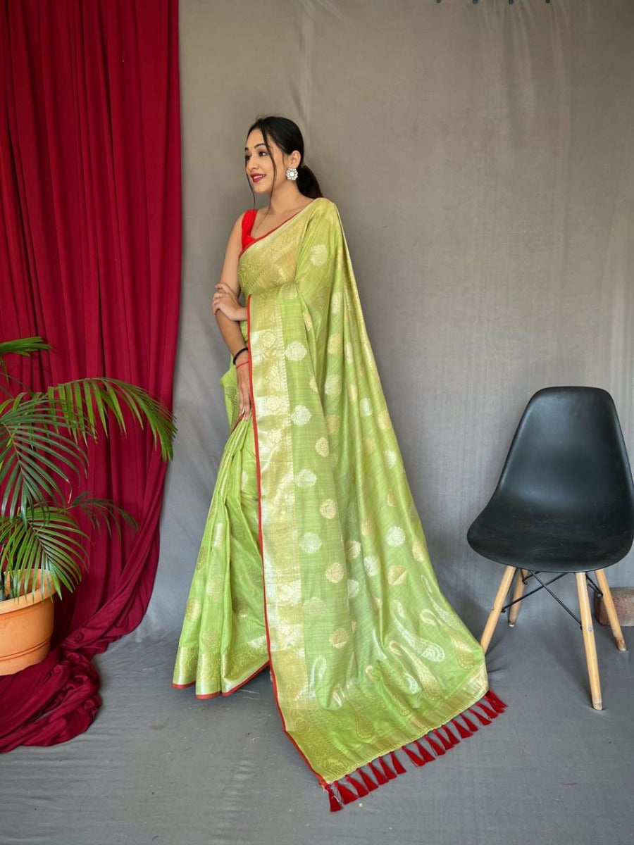 Banarasi Sea Green Woven Design Party Wear Saree In Pure Linen